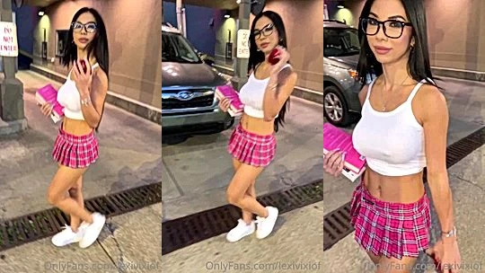 Sexy fit schoolgirl walks around town