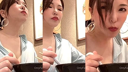 Anri Okita flashing her tits in a public restaurant