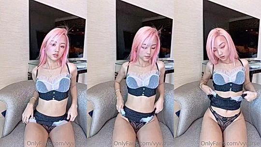 sexy chick Vyvan Le teasing her sexy black laced panties on the couch