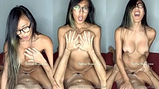 glasses asian chick Sofia Silk riding her boyfriends big cock