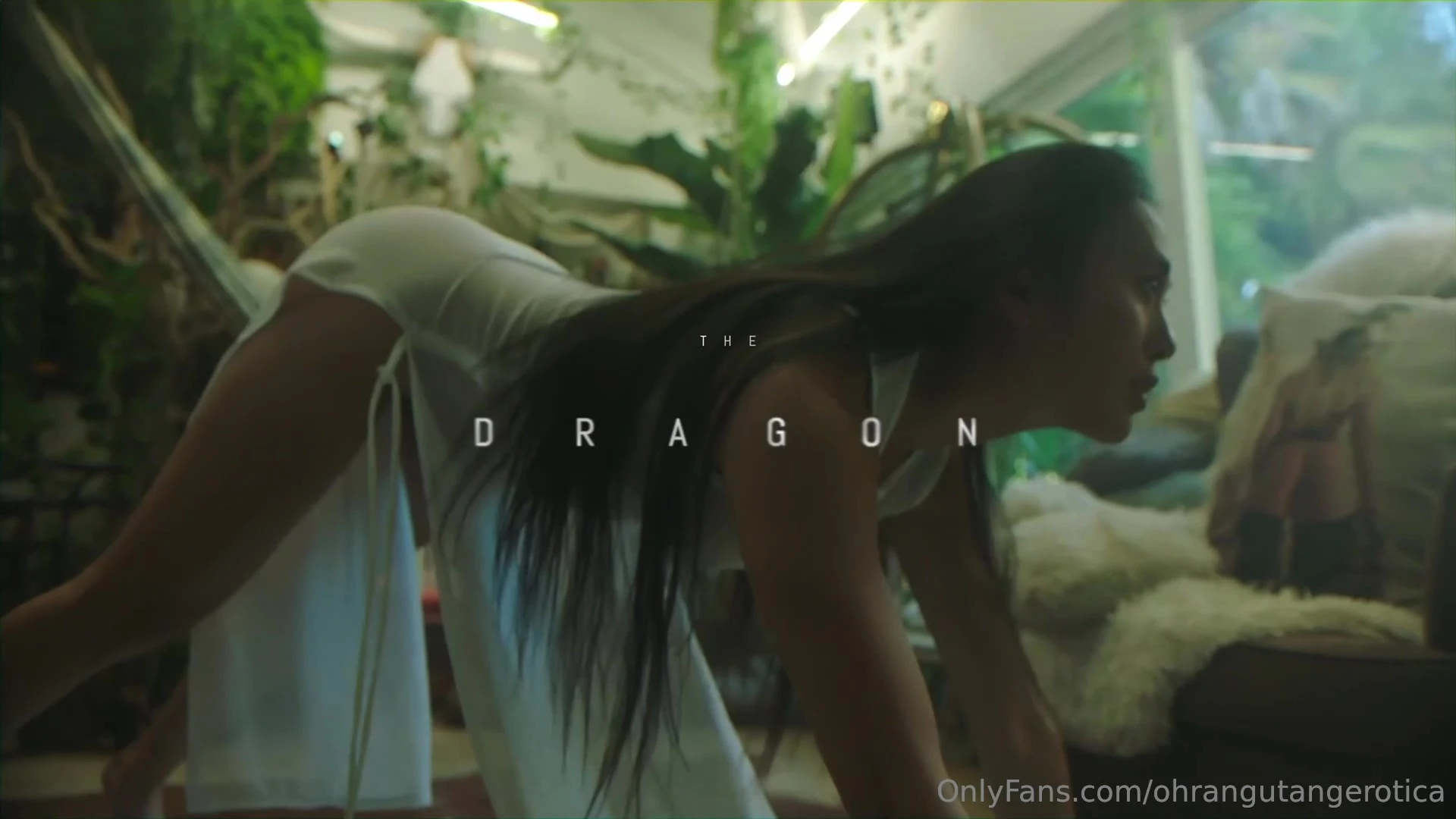 asian model Sofia Silk stretching her body in her see-through dress